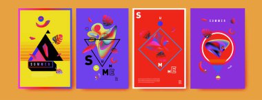 Renkli yaz poster ayarlayın. Tropikal yaz tasarım şablonu ve kapak. Yaz resimde unsurlar ve arka plan 