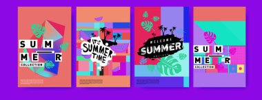 Yaz renkli poster tasarım şablonu. Yaz satış arka plan ve örnek kümesi. Yaz olay poster ve başlık sayfası için minimalist tasarım stil 