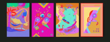 Yaz illüstrasyon poster, kapak ve reklam için kümesi. Retro ve vintage yaz tasarlamak. Yaz tatil arka plan şablonu 