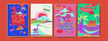 Yaz illüstrasyon poster, kapak ve reklam için kümesi. Retro ve vintage yaz tasarlamak. Yaz tatil arka plan şablonu 