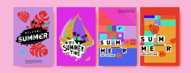 Yaz renkli poster tasarım şablonu. Yaz satış arka plan ve örnek kümesi. Yaz olay poster ve başlık sayfası için minimalist tasarım stil 