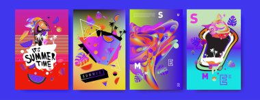 Renkli yaz poster ayarlayın. Tropikal yaz tasarım şablonu ve kapak. Yaz resimde unsurlar ve arka plan 