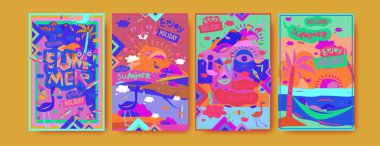 Yaz illüstrasyon poster, kapak ve reklam için kümesi. Retro ve vintage yaz tasarlamak. Yaz tatil arka plan şablonu 