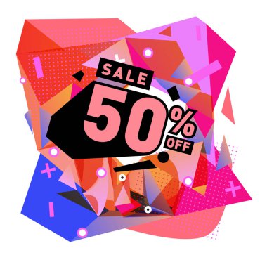 Yaz satış memphis tarzı web afiş. Moda ve seyahat poster indirim. Vektör tatil soyut renkli resimde kampanya ve promosyon.