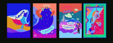 Yaz illüstrasyon poster, kapak ve reklam için kümesi. Retro ve vintage yaz tasarlamak. Yaz tatil arka plan şablonu 
