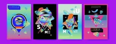 Renkli yaz poster ayarlayın. Tropikal yaz tasarım şablonu ve kapak. Yaz resimde unsurlar ve arka plan 