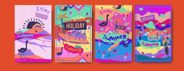Yaz illüstrasyon poster, kapak ve reklam için kümesi. Retro ve vintage yaz tasarlamak. Yaz tatil arka plan şablonu 