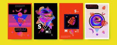 Renkli yaz poster ayarlayın. Tropikal yaz tasarım şablonu ve kapak. Yaz resimde unsurlar ve arka plan 