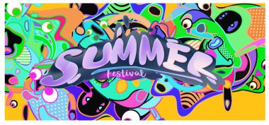 Yaz afiş renkli doodle arka plan ile. Olay ve satış promosyon posteri için tasarım şablonu.