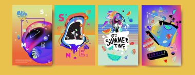 Renkli yaz poster ayarlayın. Tropikal yaz tasarım şablonu ve kapak. Yaz resimde unsurlar ve arka plan 