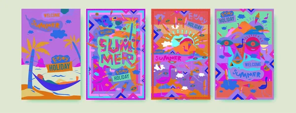Set Summer Illustration Poster Cover Advertisement Retro Vintage Summer Design — Stock Vector