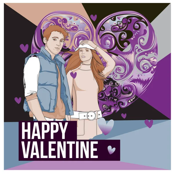 Vektör Erkek Kadın Mutlu Aile Çift Aşık Poster Sevgililer Günü — Stok Vektör