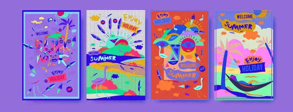Set Summer Illustration Poster Cover Advertisement Retro Vintage Summer Design — Stock Vector
