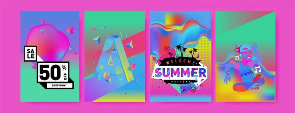 Vector Summer Sale Poster Background Set Fashion Summer Banner Discount — Stock Vector