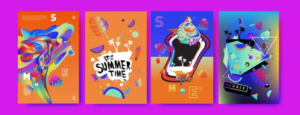 Renkli Yaz Poster Ayarlayın Tropikal Yaz Tasarım Şablonu Kapak Yaz — Stok Vektör