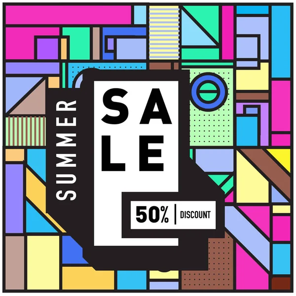 Summer sale memphis style web banner. Fashion and travel discount poster. Vector holiday Abstract colorful illustration with special offer and promotion.