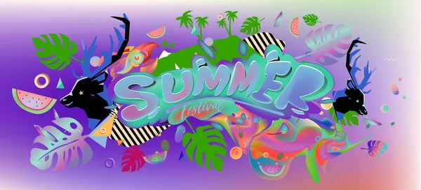 Sommaren Banner Med Färgglada Doodle Bakgrund Formgivningsmall För Event Och — Stock vektor