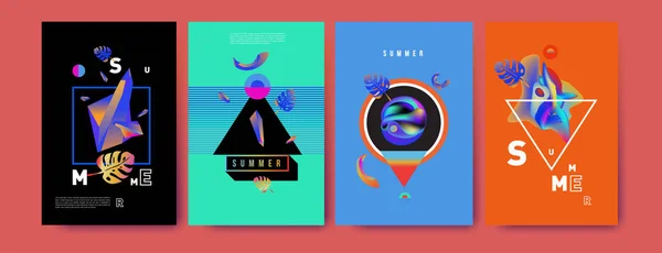 五颜六色的夏日海报集 热带夏季设计模板和封面 夏季插图元素和背景 — 图库矢量图片