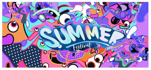 Summer Banner Colorful Doodle Background Design Template Event Sale Promotion — Stock Vector