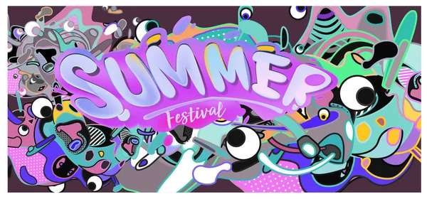 Summer Banner Colorful Doodle Background Design Template Event Sale Promotion — Stock Vector