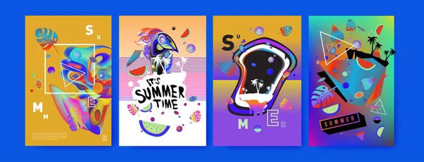 カラフルな夏のポスターを設定します 熱帯の夏デザイン テンプレートとカバー 夏の図要素と背景 — ストックベクタ
