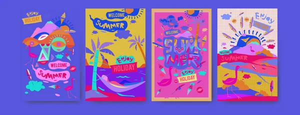夏イラスト ポスター カバー および広告のためのセットです レトロやヴィンテージの夏イラストをデザイン 夏の休日の背景テンプレート — ストックベクタ