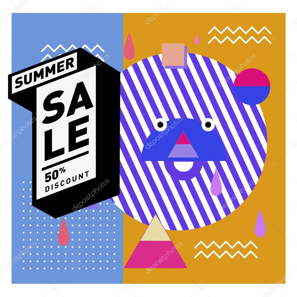 Summer sale memphis style web banner. Fashion and travel discount poster. Vector holiday Abstract colorful illustration with special offer and promotion.