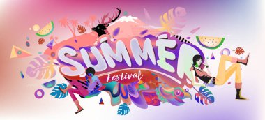 Yaz afiş renkli doodle arka plan ile. Olay ve satış promosyon posteri için tasarım şablonu.