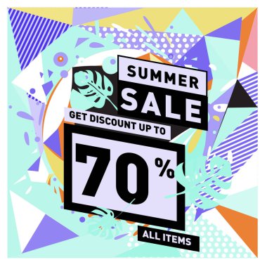 Yaz satış memphis tarzı web afiş. Moda ve seyahat poster indirim. Vektör tatil soyut renkli resimde kampanya ve promosyon.