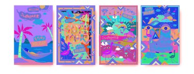 Yaz illüstrasyon poster, kapak ve reklam için kümesi. Retro ve vintage yaz tasarlamak. Yaz tatil arka plan şablonu 