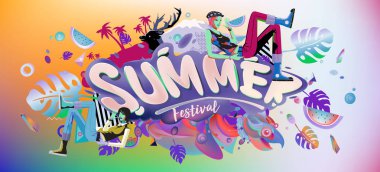 Yaz afiş renkli doodle arka plan ile. Olay ve satış promosyon posteri için tasarım şablonu.