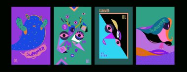 Yaz illüstrasyon poster, kapak ve reklam için kümesi. Retro ve vintage yaz tasarlamak. Yaz tatil arka plan şablonu 