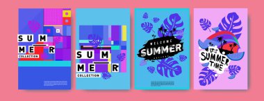 Yaz renkli poster tasarım şablonu. Yaz satış arka plan ve örnek kümesi. Yaz olay poster ve başlık sayfası için minimalist tasarım stil 