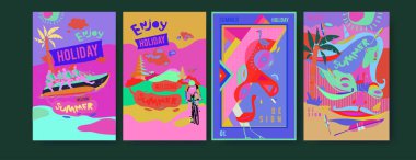 Yaz illüstrasyon poster, kapak ve reklam için kümesi. Retro ve vintage yaz tasarlamak. Yaz tatil arka plan şablonu 