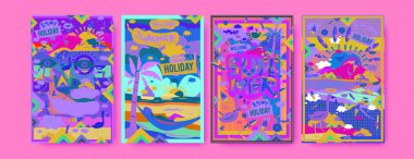 Yaz illüstrasyon poster, kapak ve reklam için kümesi. Retro ve vintage yaz tasarlamak. Yaz tatil arka plan şablonu 