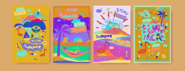 Yaz illüstrasyon poster, kapak ve reklam için kümesi. Retro ve vintage yaz tasarlamak. Yaz tatil arka plan şablonu 