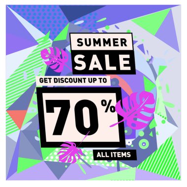 Yaz satış memphis tarzı web afiş. Moda ve seyahat poster indirim. Vektör tatil soyut renkli resimde kampanya ve promosyon.