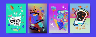 Renkli yaz poster ayarlayın. Tropikal yaz tasarım şablonu ve kapak. Yaz resimde unsurlar ve arka plan 