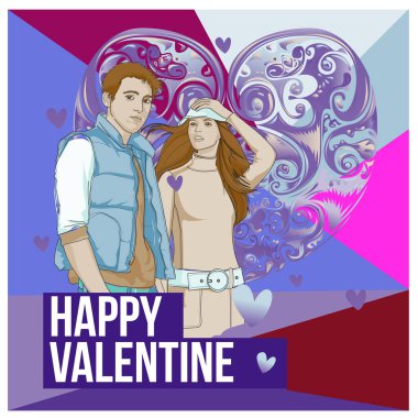 Vektör erkek ve kadın mutlu aile çift aşık. Poster Sevgililer günü tebrik kartı. Yıldönümü kutlamaları için mutlu aile illüstrasyon.