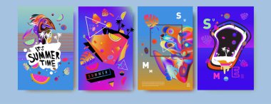 Renkli yaz poster ayarlayın. Tropikal yaz tasarım şablonu ve kapak. Yaz resimde unsurlar ve arka plan 