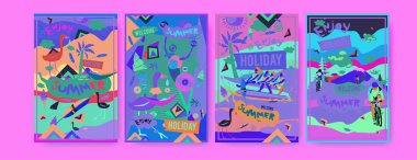 Yaz illüstrasyon poster, kapak ve reklam için kümesi. Retro ve vintage yaz tasarlamak. Yaz tatil arka plan şablonu 