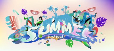 Yaz afiş renkli doodle arka plan ile. Olay ve satış promosyon posteri için tasarım şablonu.