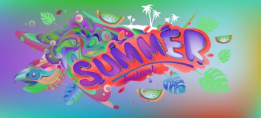 Yaz afiş renkli doodle arka plan ile. Olay ve satış promosyon posteri için tasarım şablonu.