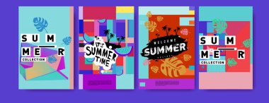 Yaz renkli poster tasarım şablonu. Yaz satış arka plan ve örnek kümesi. Yaz olay poster ve başlık sayfası için minimalist tasarım stil 