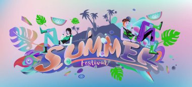 Yaz afiş renkli doodle arka plan ile. Olay ve satış promosyon posteri için tasarım şablonu.