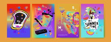 Renkli yaz poster ayarlayın. Tropikal yaz tasarım şablonu ve kapak. Yaz resimde unsurlar ve arka plan 
