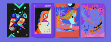 Yaz illüstrasyon poster, kapak ve reklam için kümesi. Retro ve vintage yaz tasarlamak. Yaz tatil arka plan şablonu 