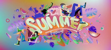 Yaz afiş renkli doodle arka plan ile. Olay ve satış promosyon posteri için tasarım şablonu.