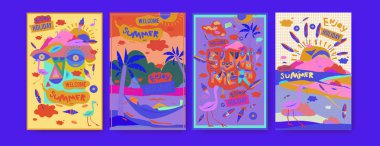 Yaz illüstrasyon poster, kapak ve reklam için kümesi. Retro ve vintage yaz tasarlamak. Yaz tatil arka plan şablonu 