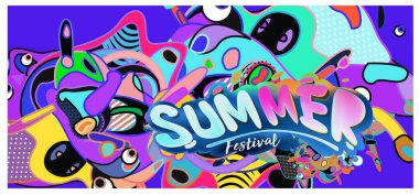Yaz afiş renkli doodle arka plan ile. Olay ve satış promosyon posteri için tasarım şablonu.